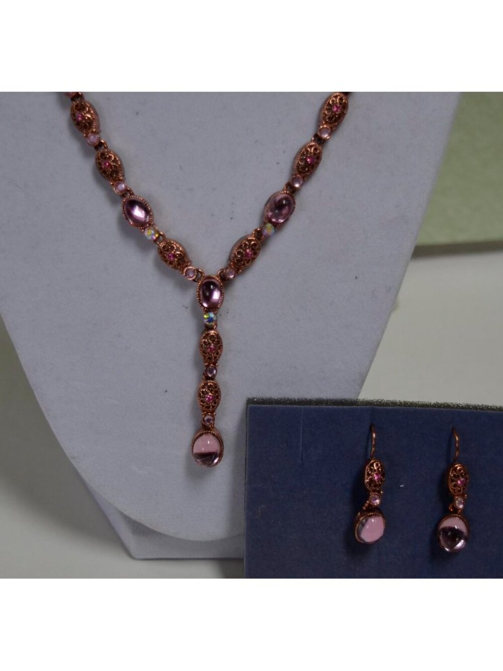 Avon Coppertone and Pink "Y" Necklace & Earrings Set